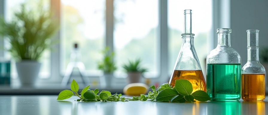 Imagine a unui laborator curat cu elemente naturale, precum frunze și eprubete, simbolizând îmbinarea științei cu natura în dezvoltarea produselor GlucoNatura.